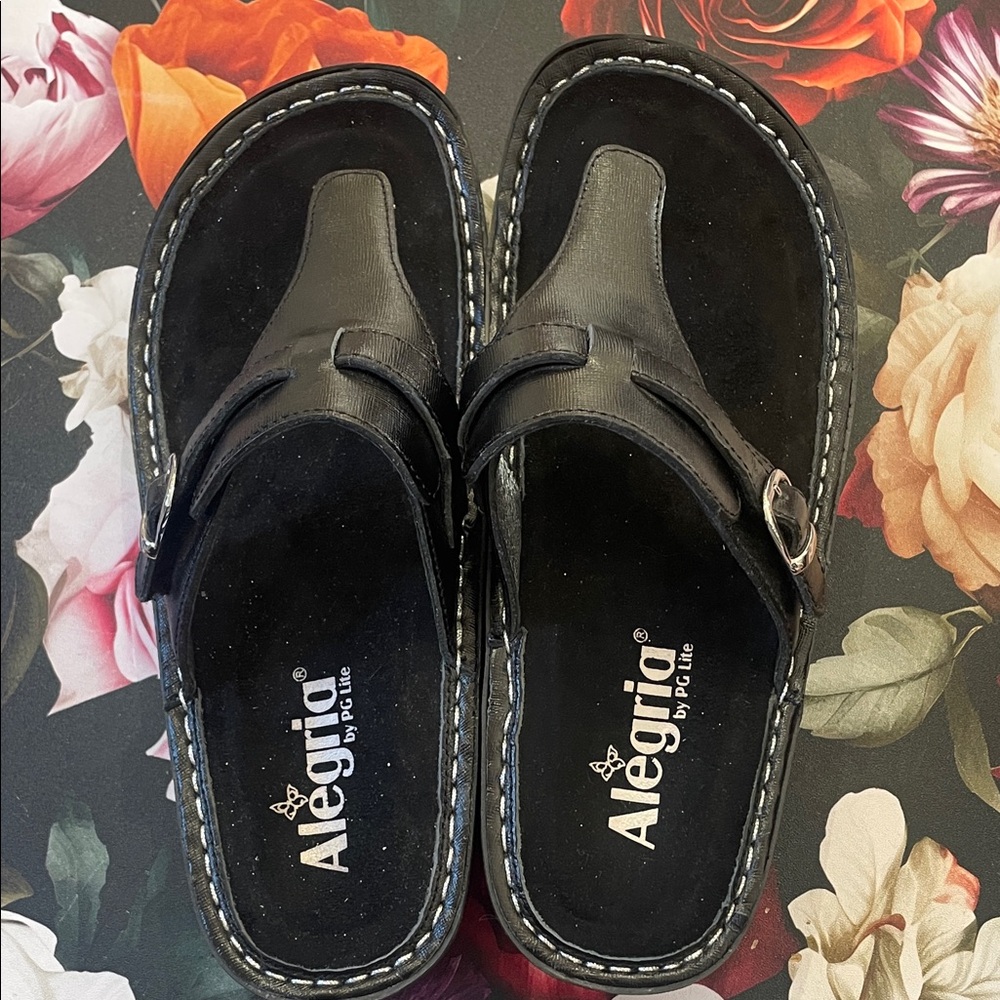 Alegria Black Leather Slip-On Clogs with Buckle